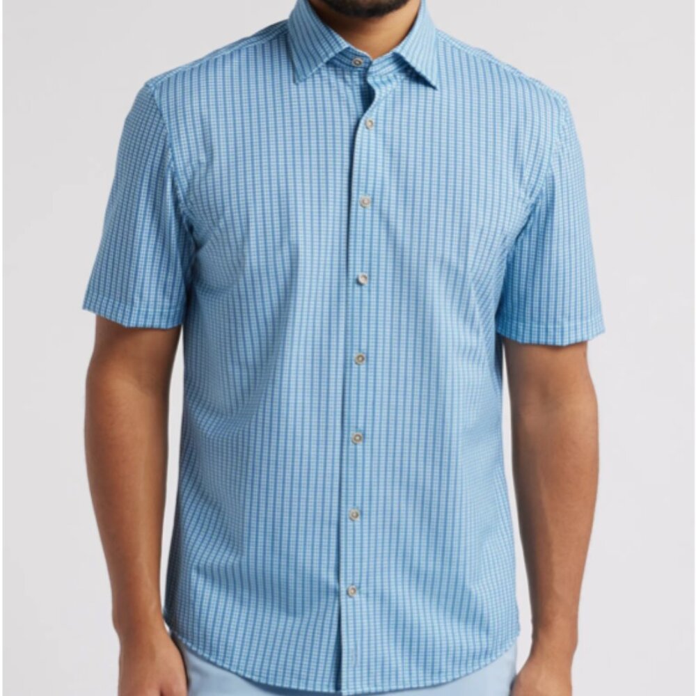 JOHNNIE-O HANGIN' OUT MALIBLU JOSIAH GEO PRINT SHORT SLEEVE BUTTON DOWN SHIRT XL